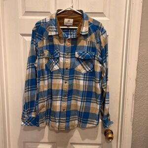 Legendary Whitetails Mens XL Blue Tan Plaid Corduroy‎ Collar Flannel Shirt Snap